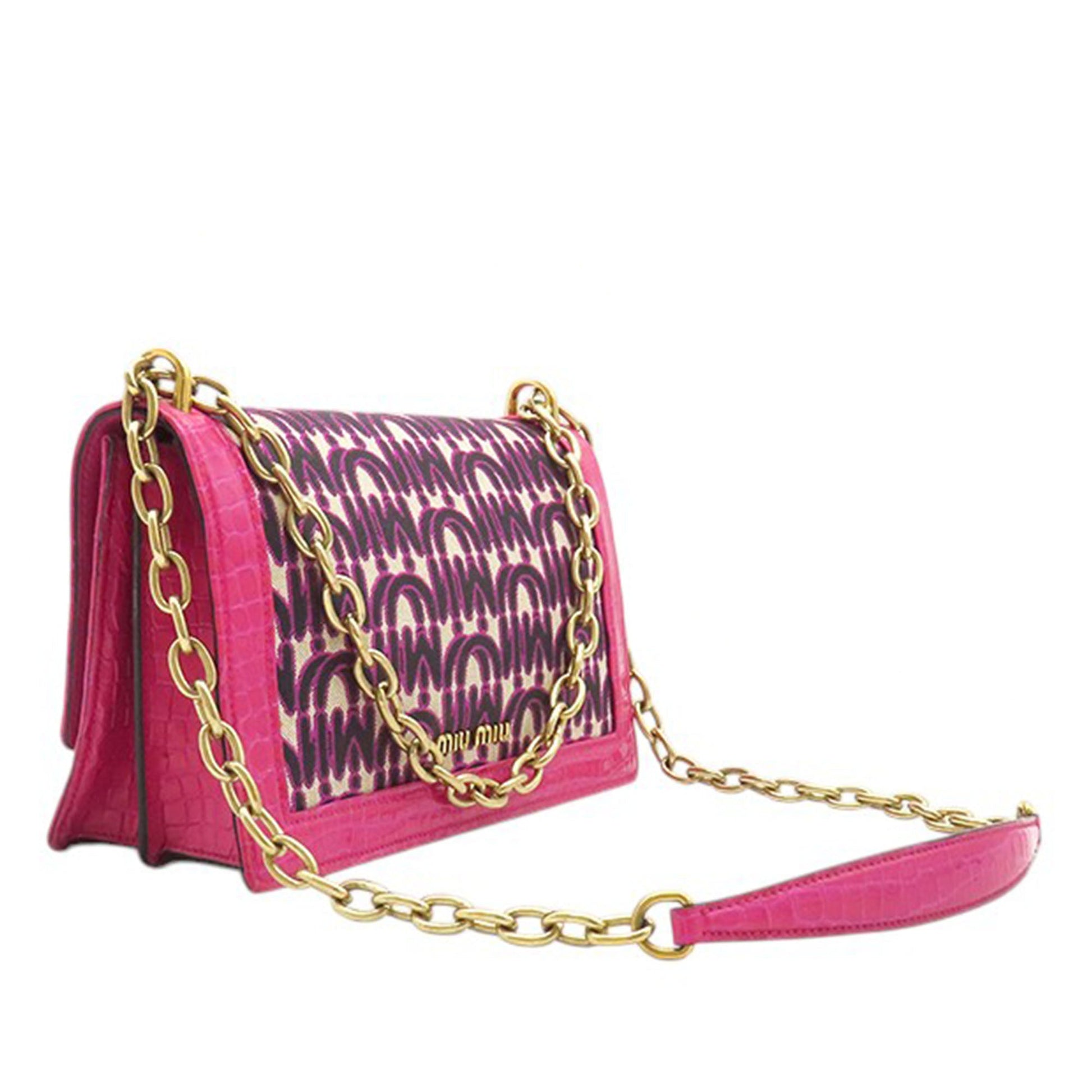 Miu Miu MM Paris Emiuticon Jacquard and Croc Embossed Patent Crystal Chain Crossbody