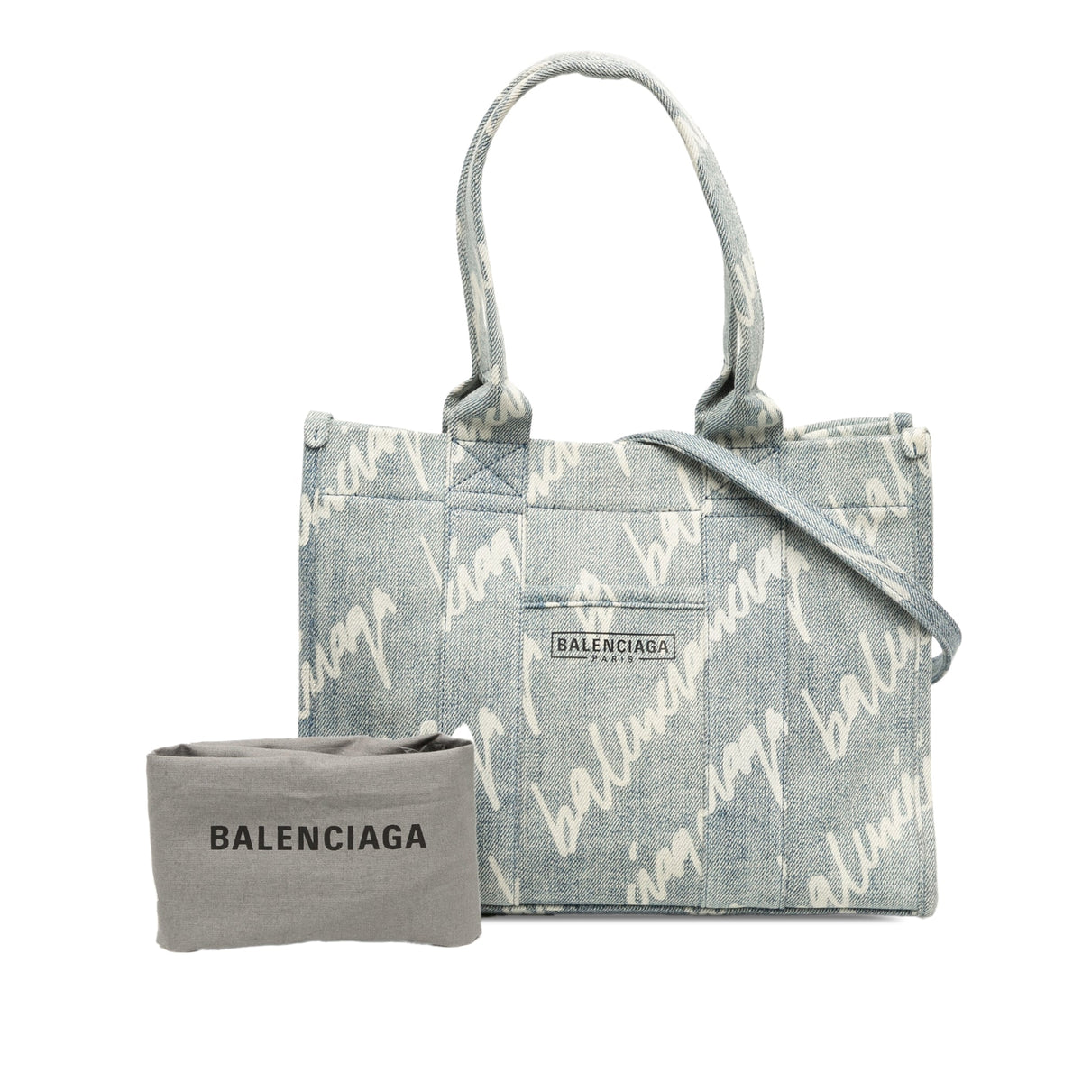 Balenciaga Small Denim Scribble Logo Hardware Satchel — Blue