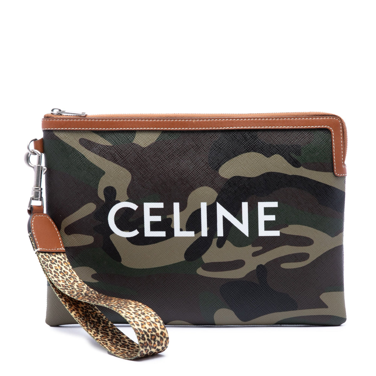 Celine Small Camouflage Coated Canvas Pouch with Strap — Green