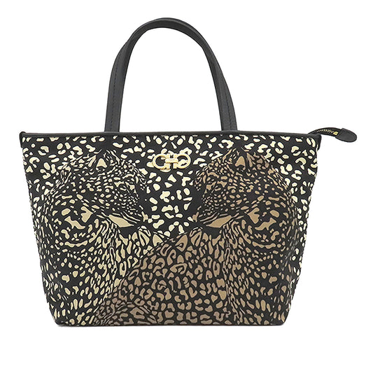 Ferragamo Nylon Leopard Print Double Gancini Tote