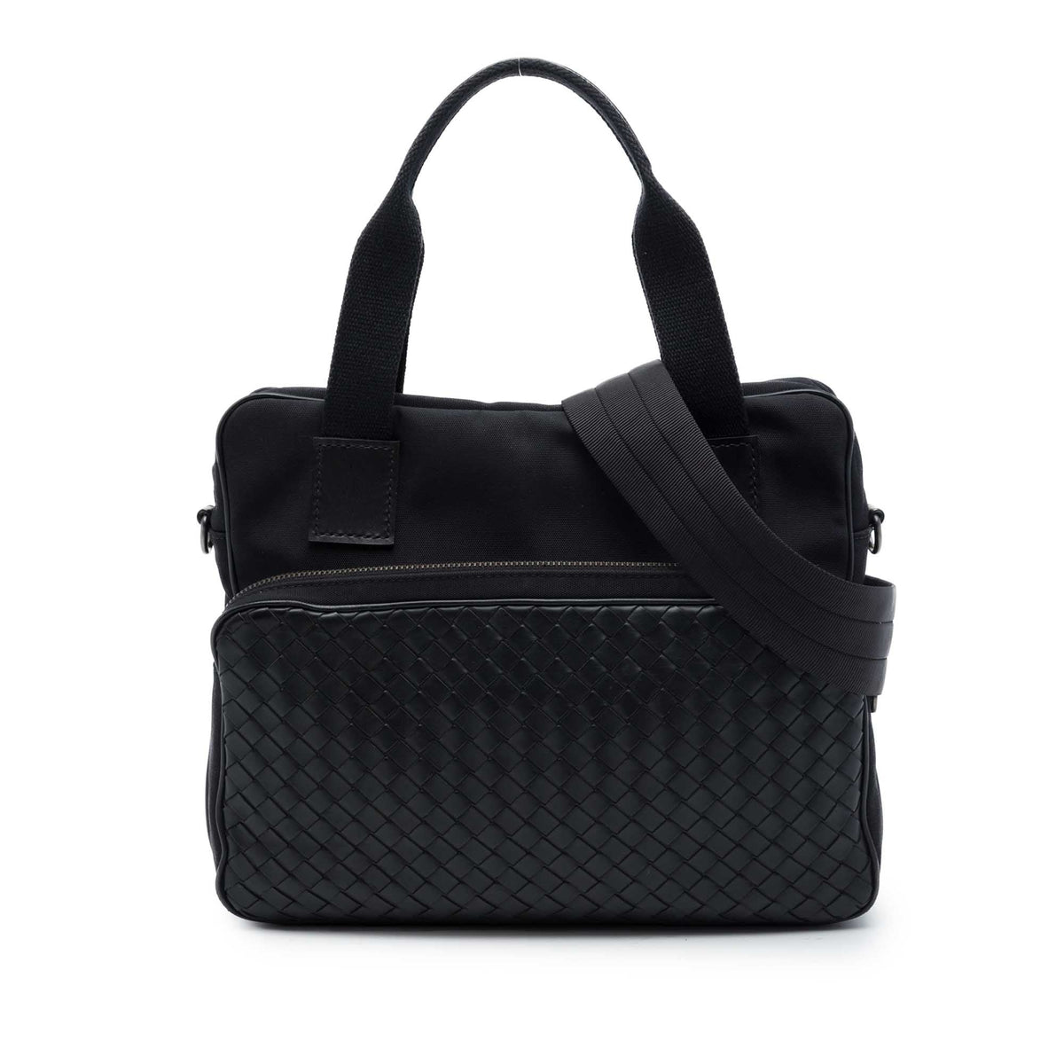 Bottega Veneta Nappa Intrecciato Trimmed Canvas Business Bag — Black