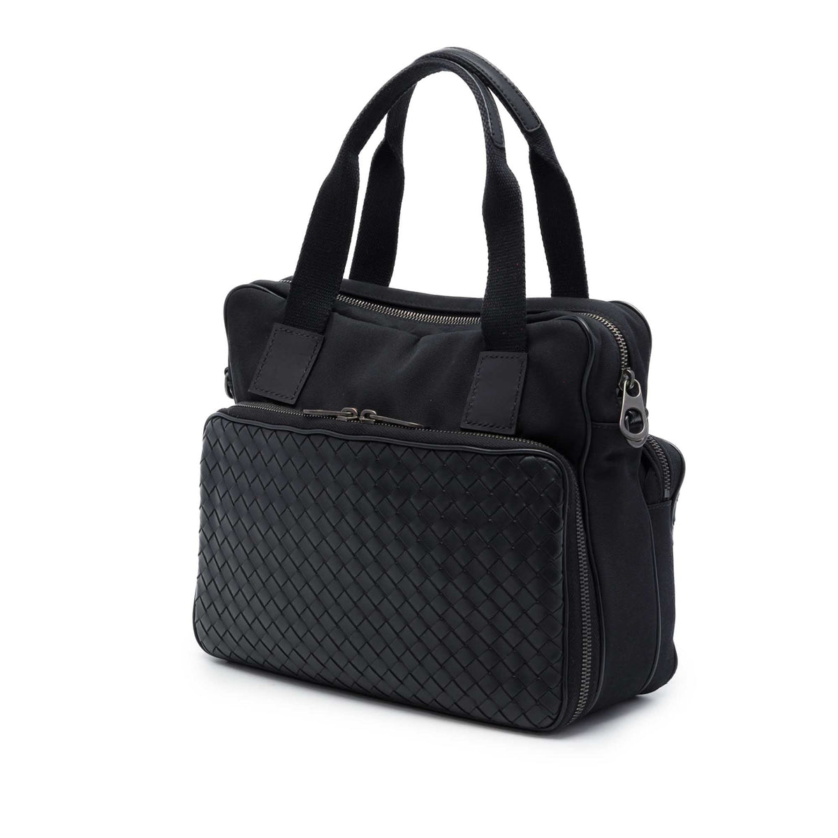 Bottega Veneta Nappa Intrecciato Trimmed Canvas Business Bag — Black