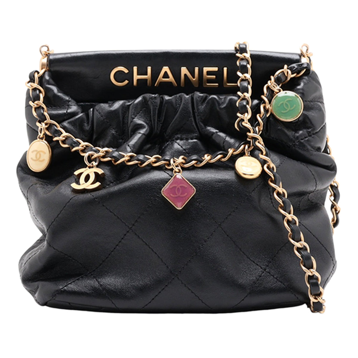 Chanel Small Quilted Lambskin Resin Charms Chain Bucket Bag — Black