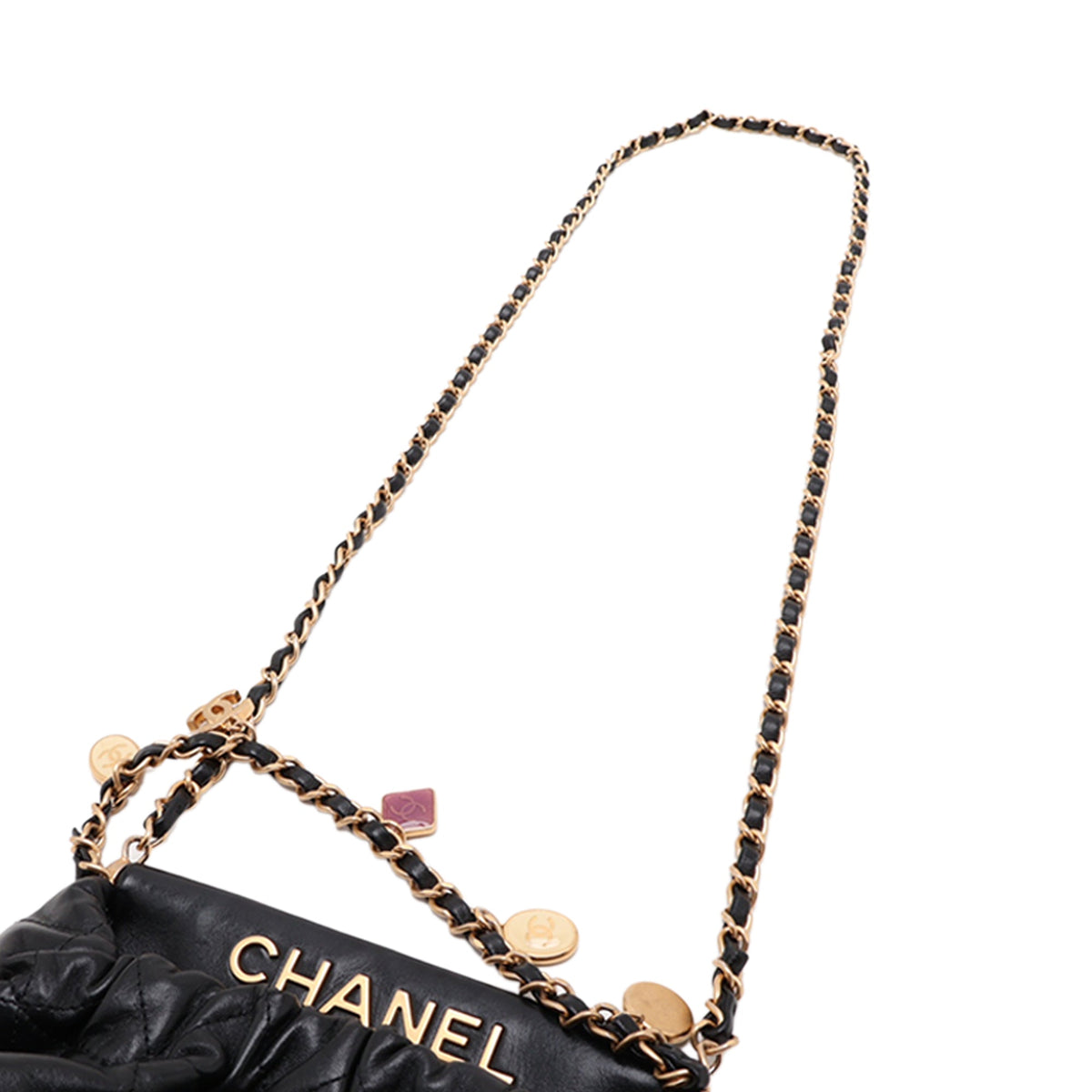 Chanel Small Quilted Lambskin Resin Charms Chain Bucket Bag — Black