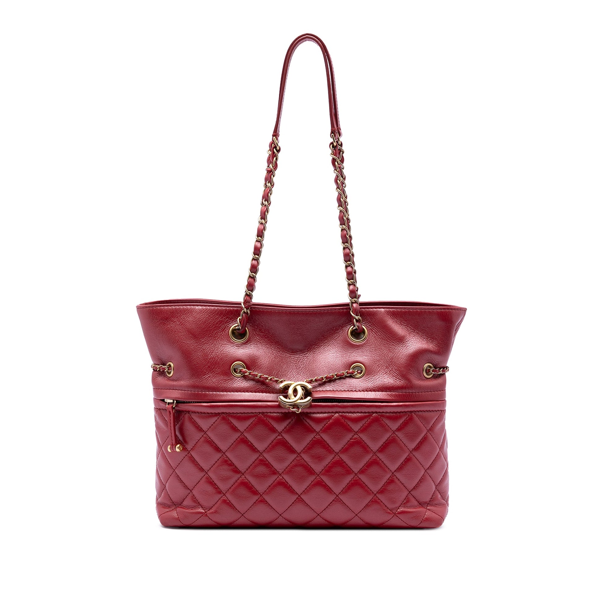 Chanel CC Quilted Calfskin Front Zip Drawstring Chain Tote