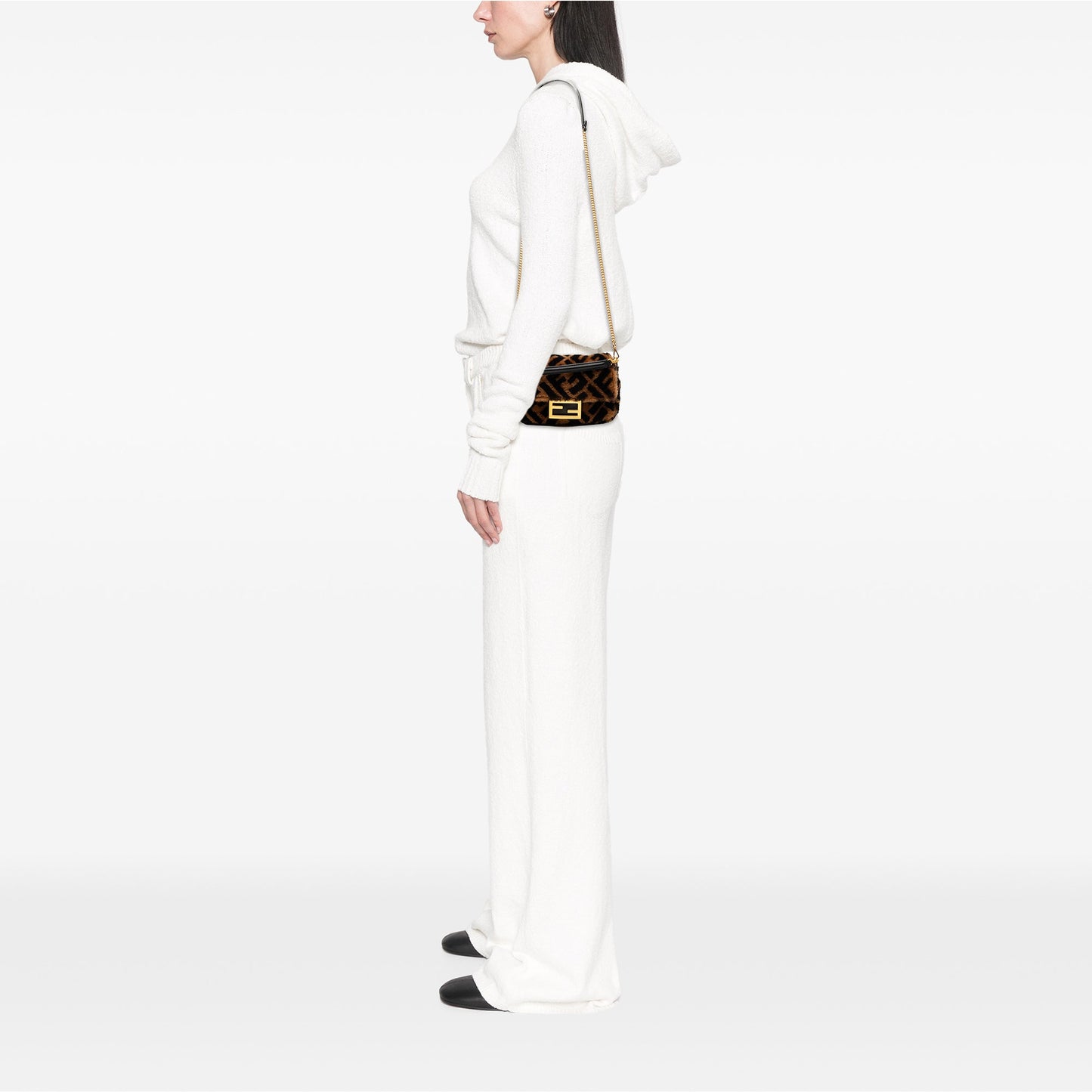 Fendi Mini Zucca Shearling Chain Baguette Satchel