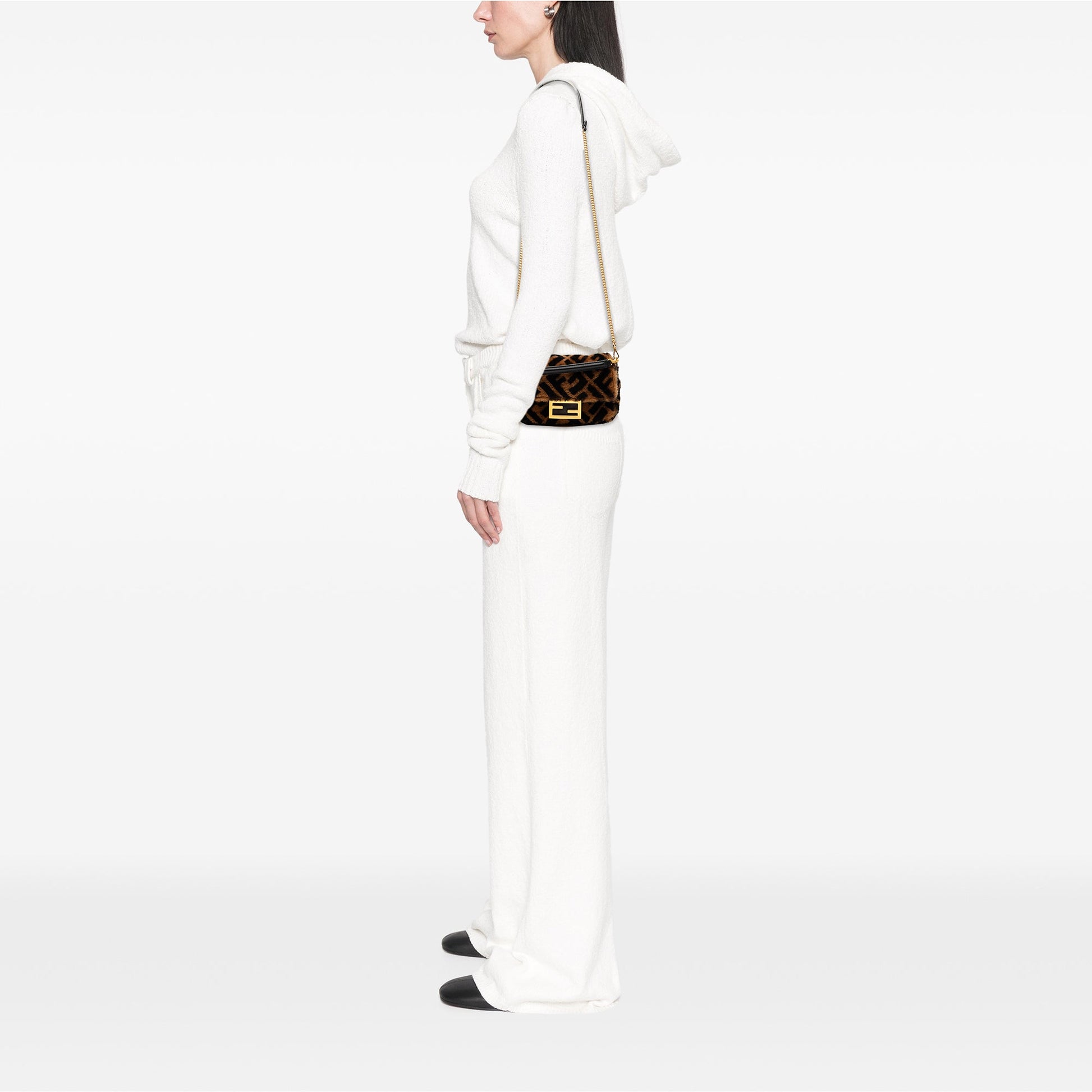 Fendi Mini Zucca Shearling Chain Baguette Satchel