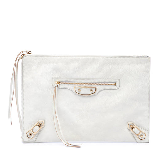 Balenciaga Goatskin Motocross Classic Metallic Edge Clutch — White