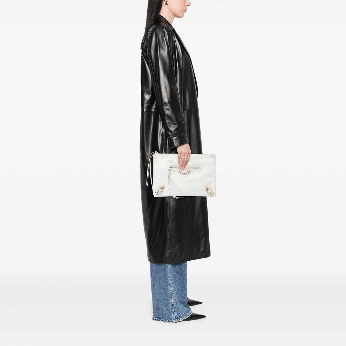 Balenciaga Goatskin Motocross Classic Metallic Edge Clutch — White