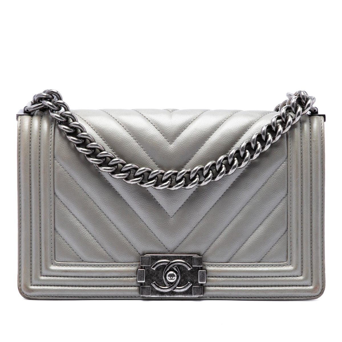 Chanel Old Medium Chevron Caviar Boy Flap — Silver