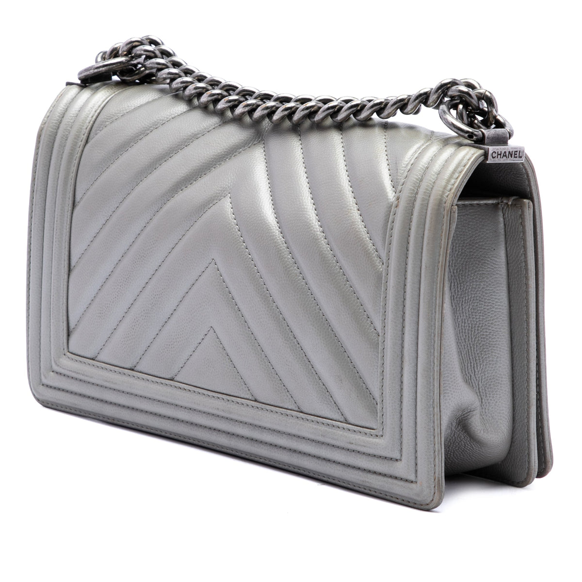 Chanel Old Medium Chevron Caviar Boy Flap — Silver