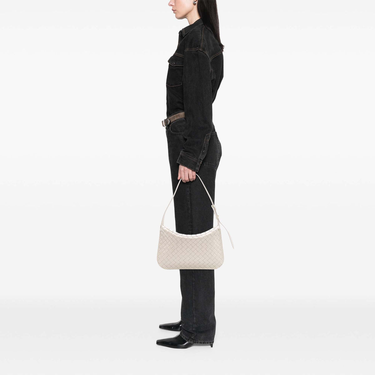 Bottega Veneta Brushed Calfskin Intrecciato Cradle Fold Over Shoulder Bag — White