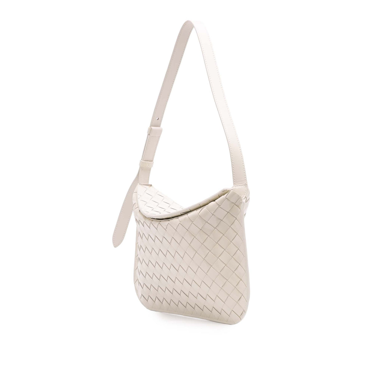 Bottega Veneta Brushed Calfskin Intrecciato Cradle Fold Over Shoulder Bag — White