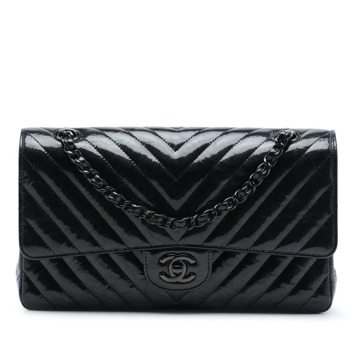 Chanel Medium Classic Chevron Patent So Black Double Flap