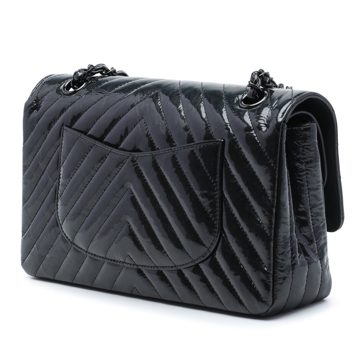 Chanel Medium Classic Chevron Patent So Black Double Flap