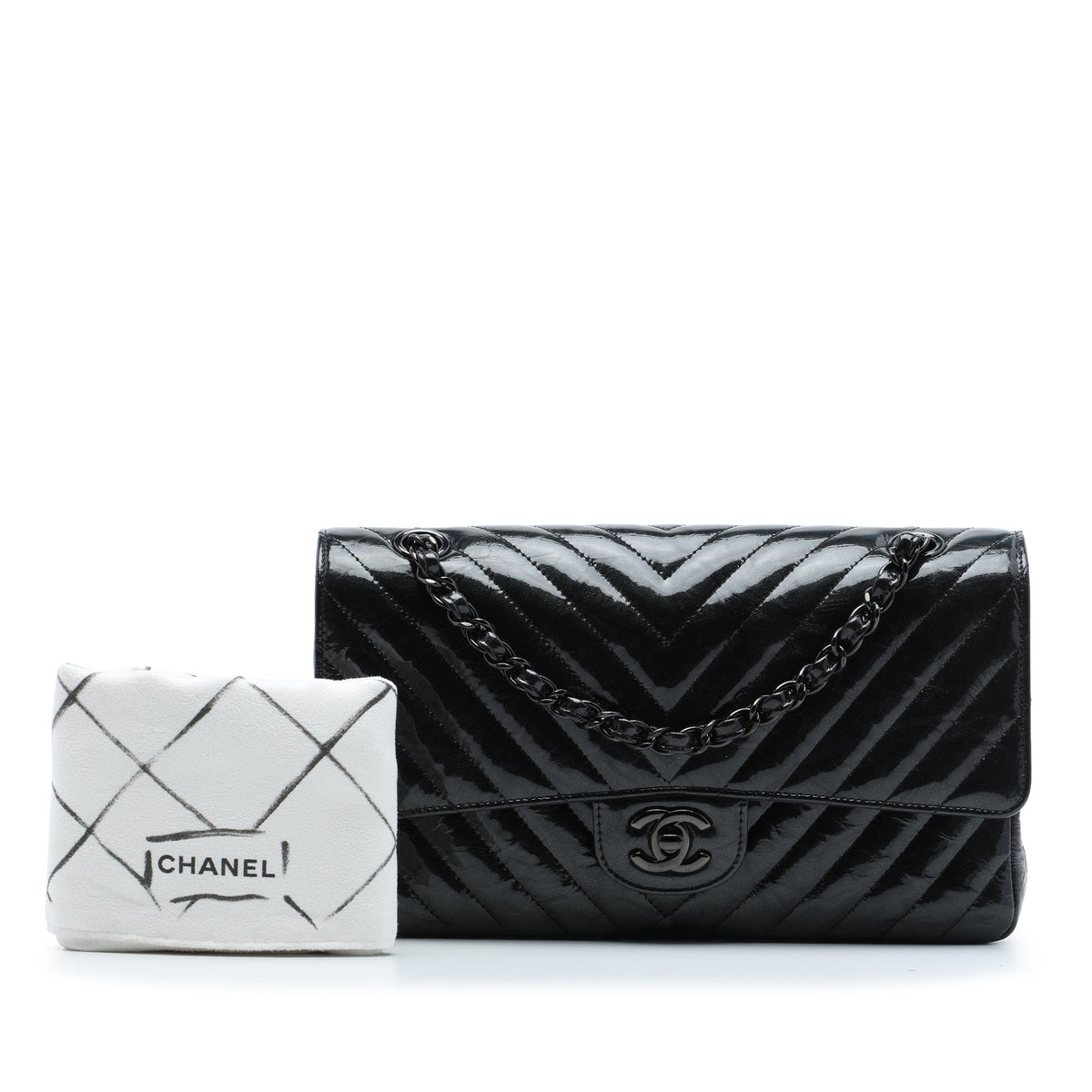 Chanel Medium Classic Chevron Patent So Black Double Flap