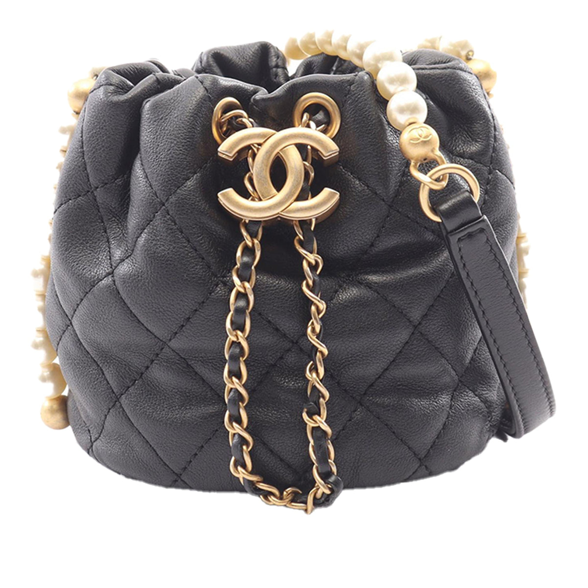 Chanel Mini Quilted Calfskin About Pearls Drawstring Bucket Bag
