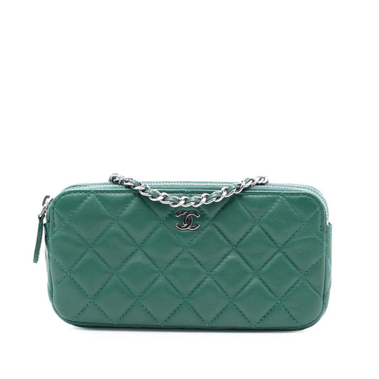 Chanel CC Quilted Lambskin Double Zip Clutch With Chain