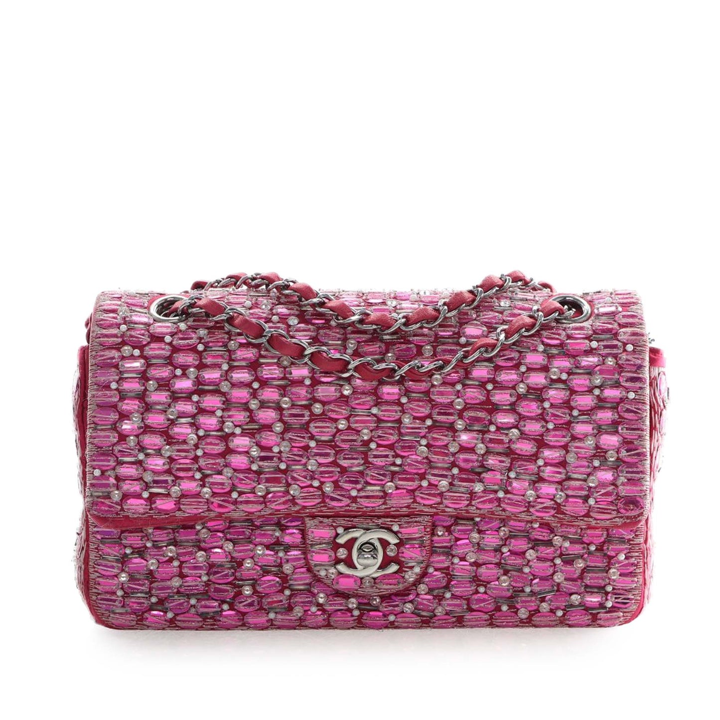 Medium Classic Satin Pearl Beaded Double Flap