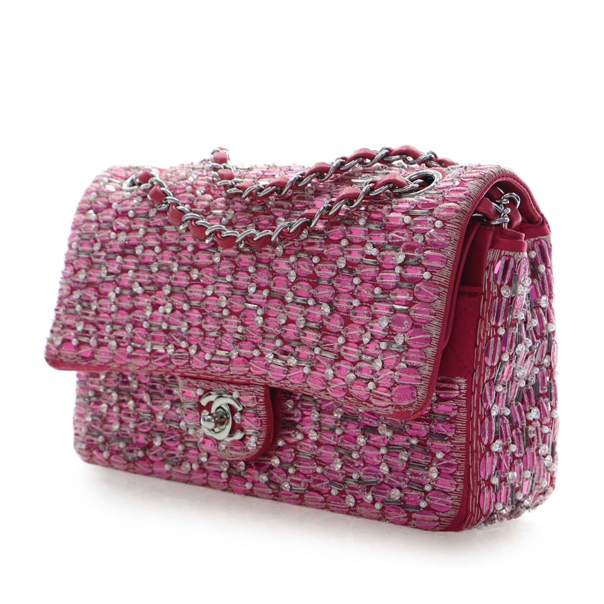 Medium Classic Satin Pearl Beaded Double Flap