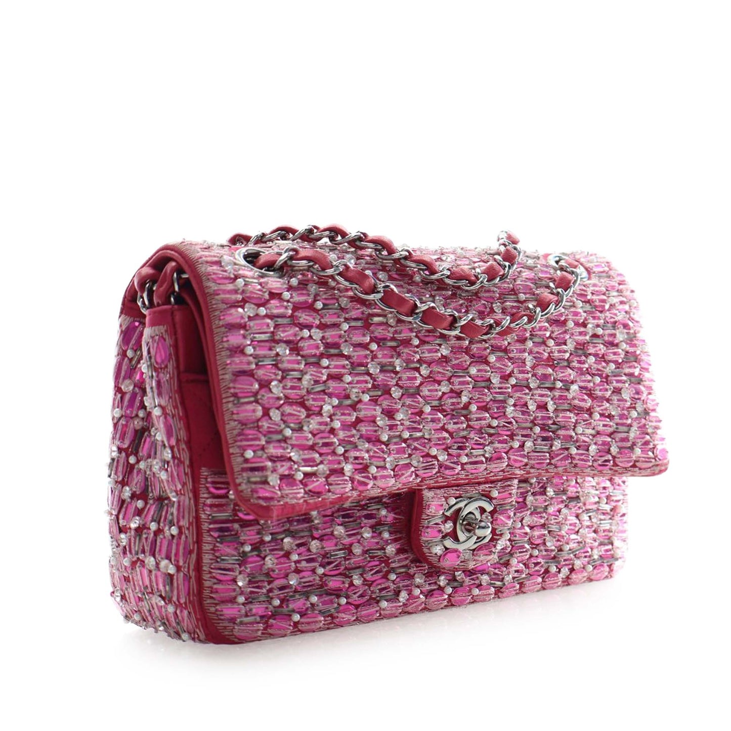 Medium Classic Satin Pearl Beaded Double Flap