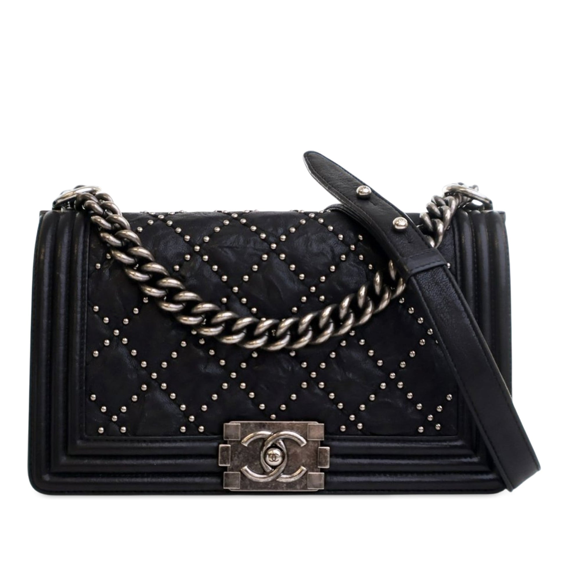 Chanel Old Medium Quilted Crumpled Calfskin Studded Boy Flap