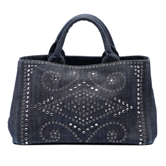Prada Studded Denim Canapa Logo Satchel