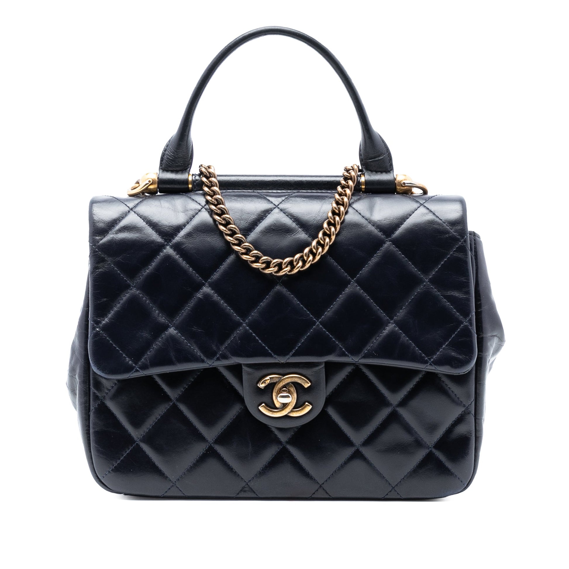Chanel Medium Quilted Glazed Calfskin Gold Bar Top Handle Flap