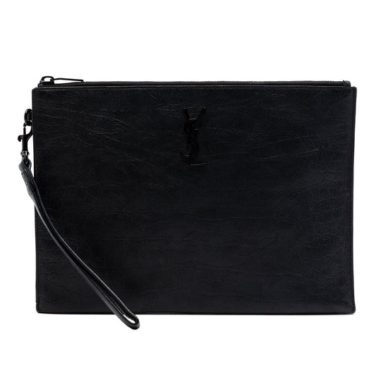 Saint Laurent Croc Embossed Leather Monogram Zip Pouch