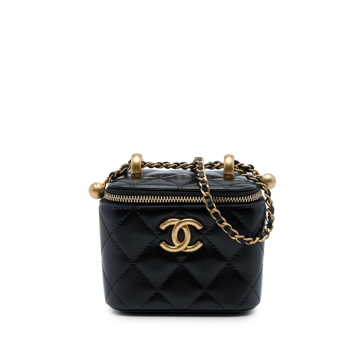 Chanel Mini CC Quilted Lambskin Pearl Crush Vanity Case With Chain — Black