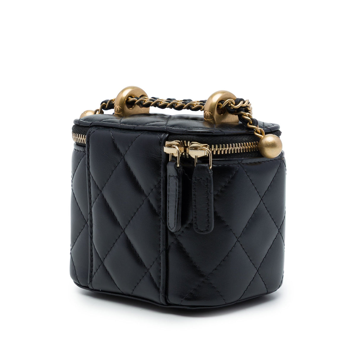 Chanel Mini CC Quilted Lambskin Pearl Crush Vanity Case With Chain — Black