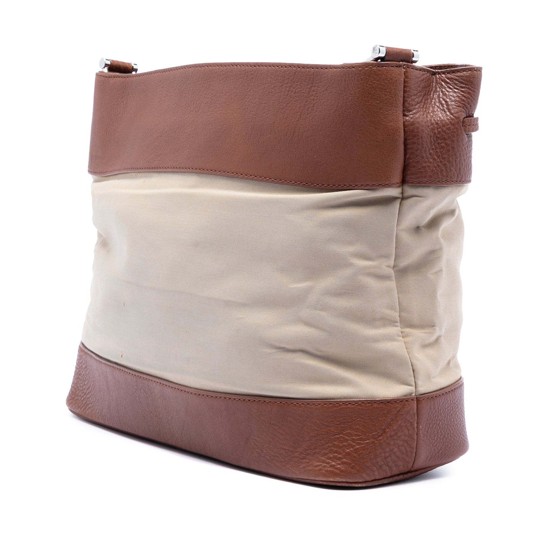 Burberry Leather Trimmed Canvas Drawstring Bucket Bag