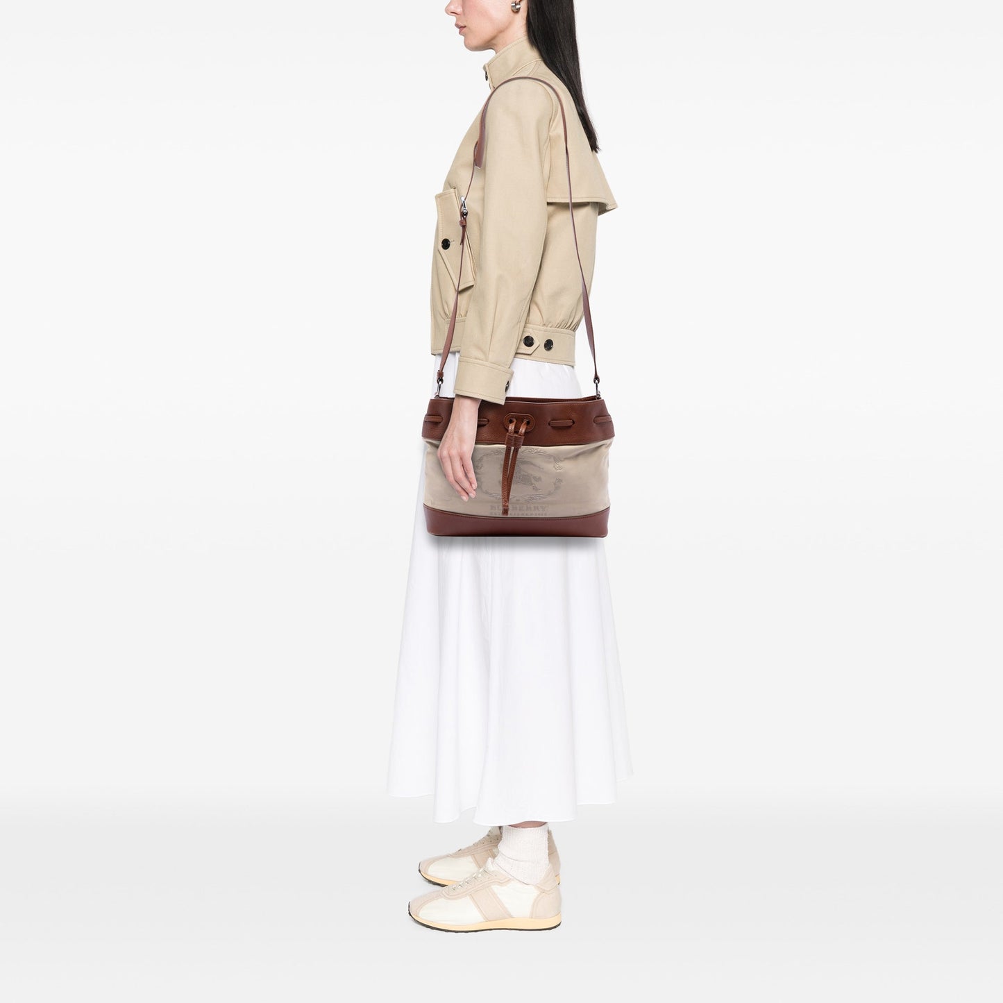 Burberry Leather Trimmed Canvas Drawstring Bucket Bag