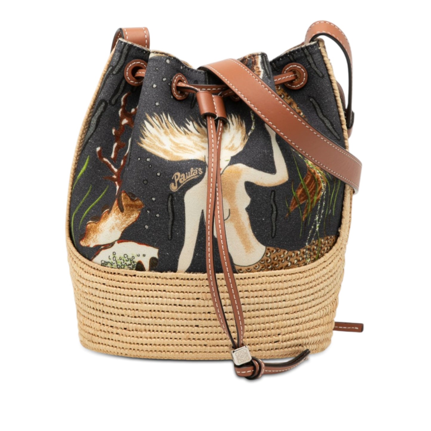 LOEWE Paulas Ibiza Small Canvas Mermaid Print Balloon Drawstring Bucket Bag