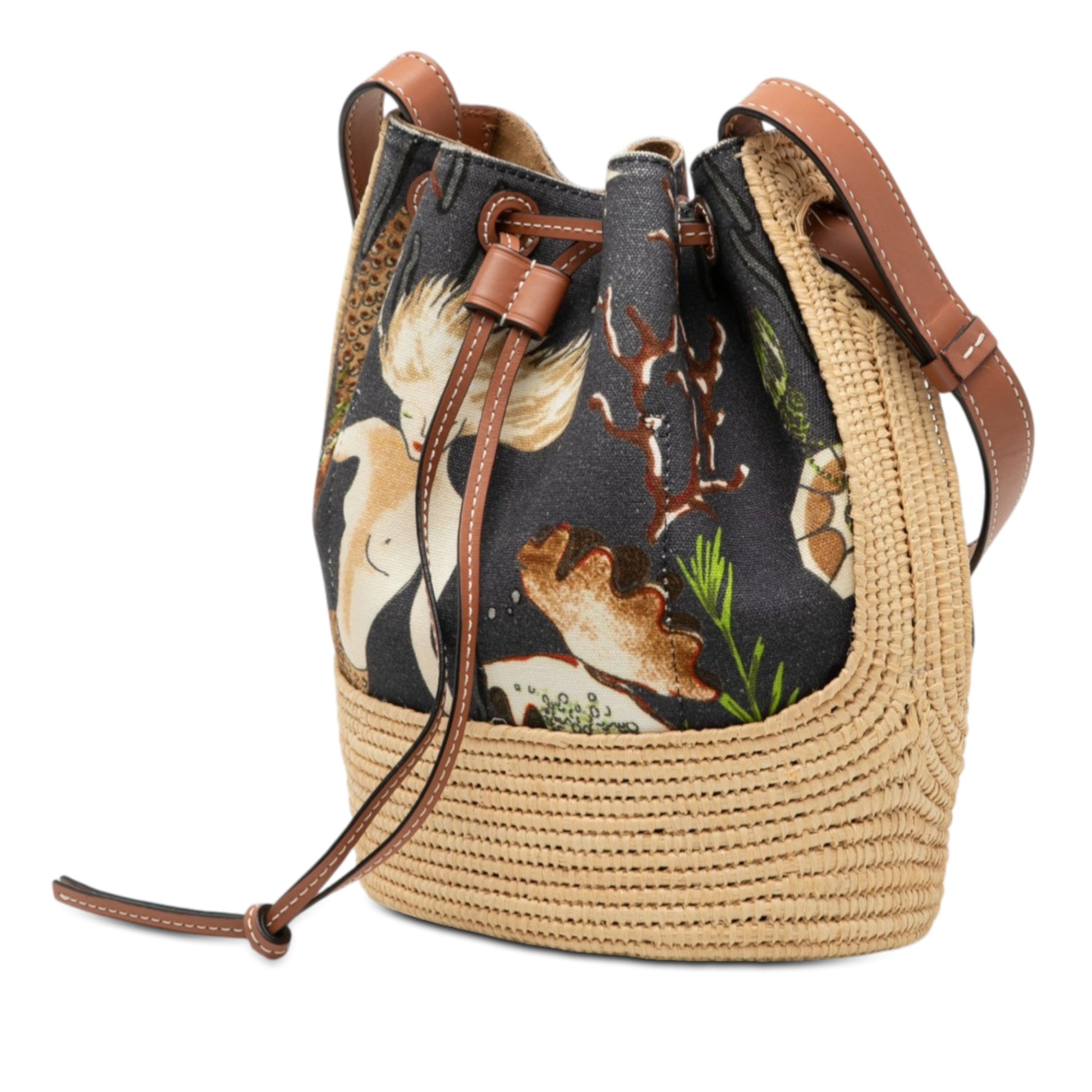 LOEWE Paulas Ibiza Small Canvas Mermaid Print Balloon Drawstring Bucket Bag