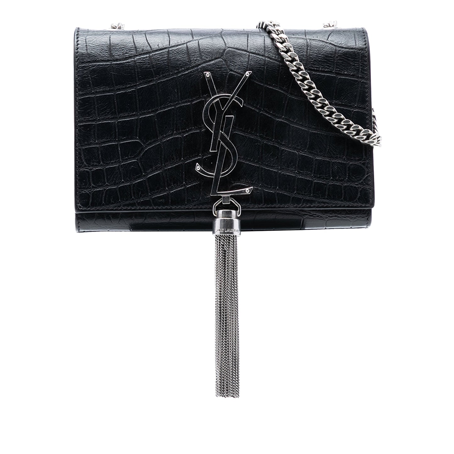 Saint Laurent Small Croc Embossed Leather Monogram Kate Tassel Crossbody