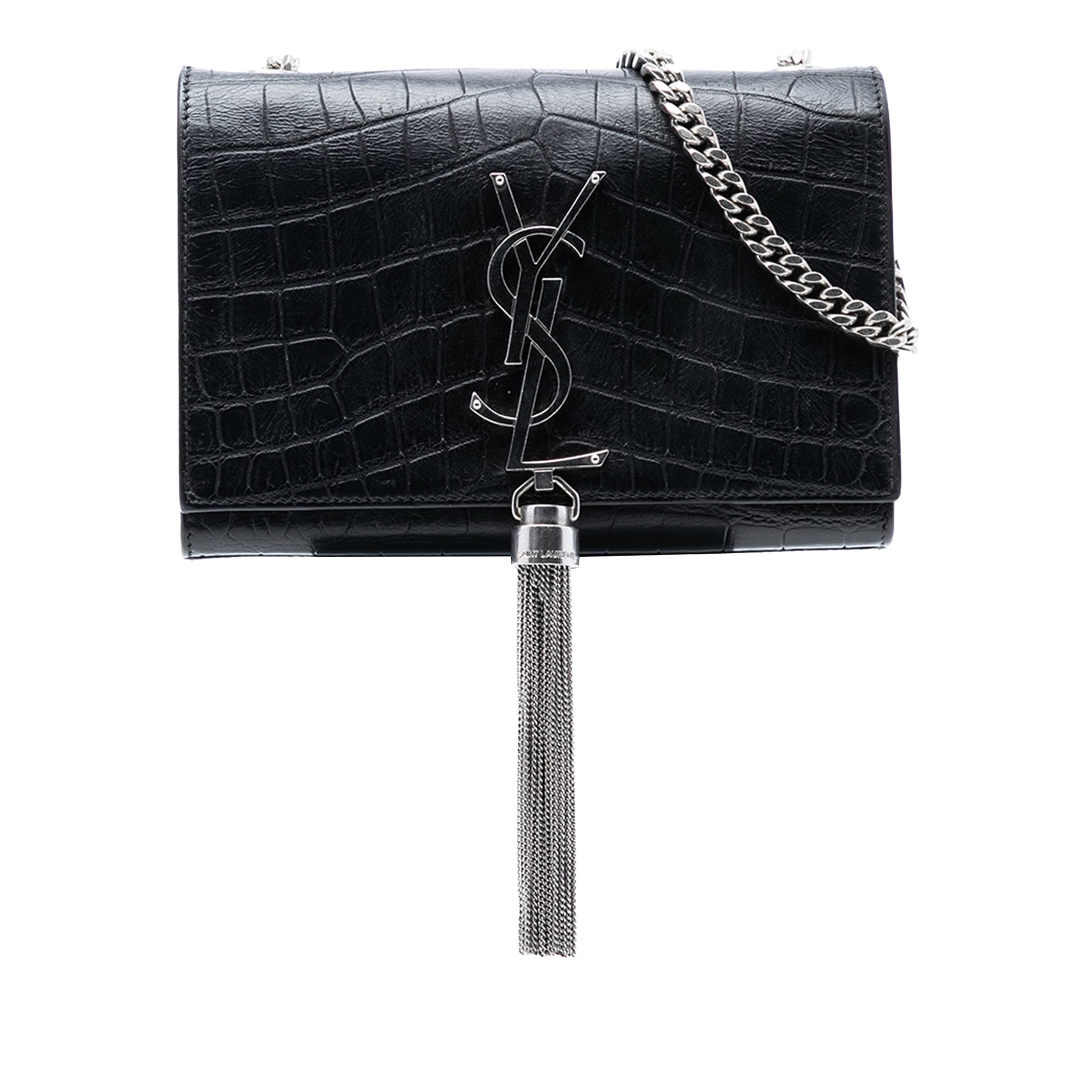 Saint Laurent Small Croc Embossed Leather Monogram Kate Tassel Crossbody