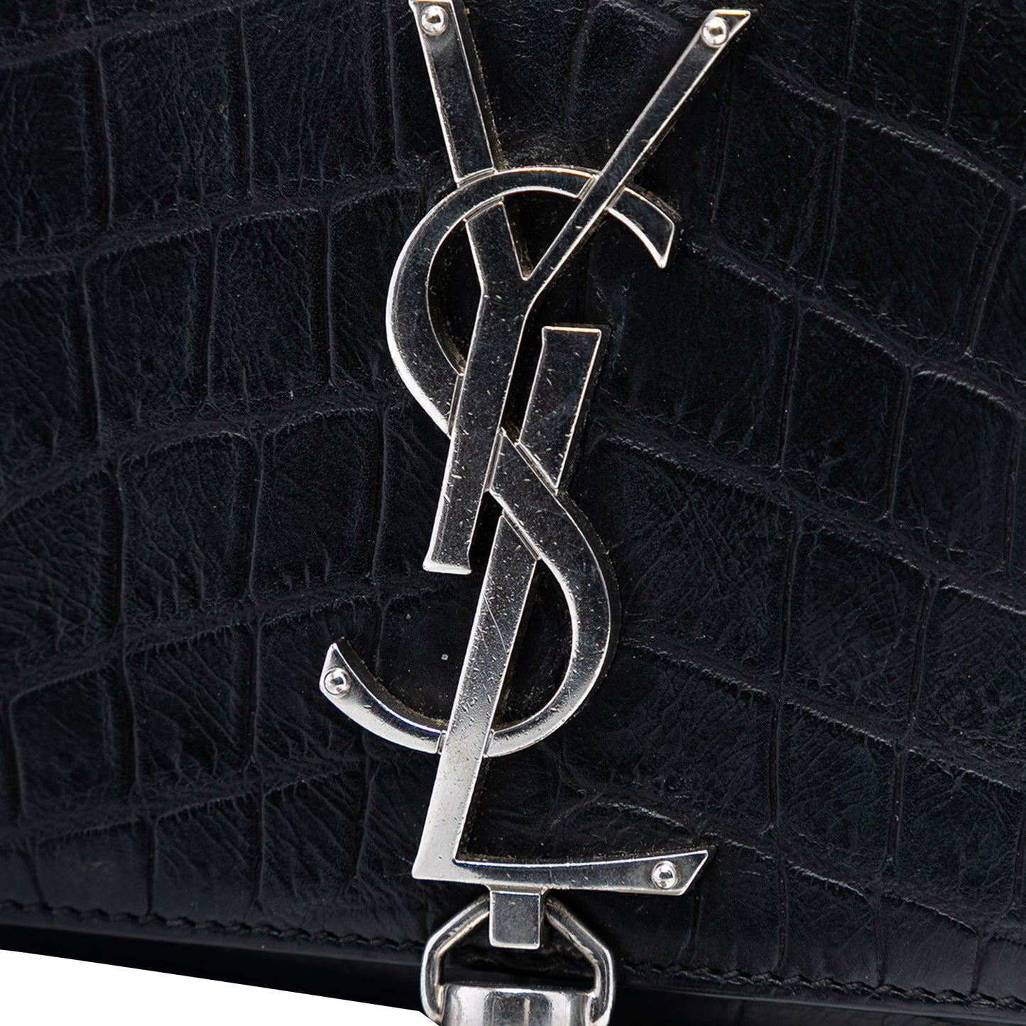 Saint Laurent Small Croc Embossed Leather Monogram Kate Tassel Crossbody