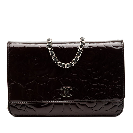 Chanel CC Embossed Patent Camellia Wallet On Chain