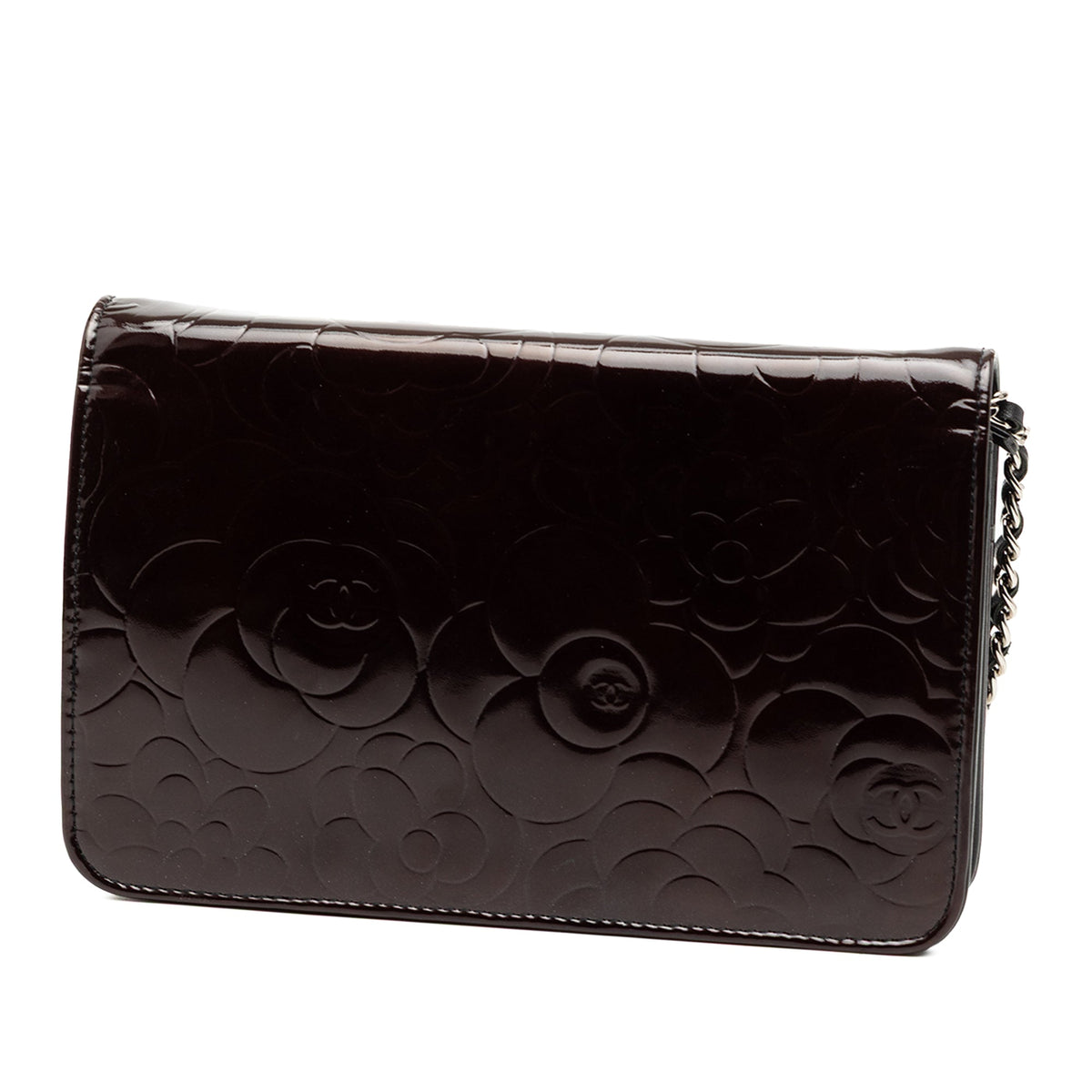 Chanel CC Embossed Patent Camellia Wallet On Chain