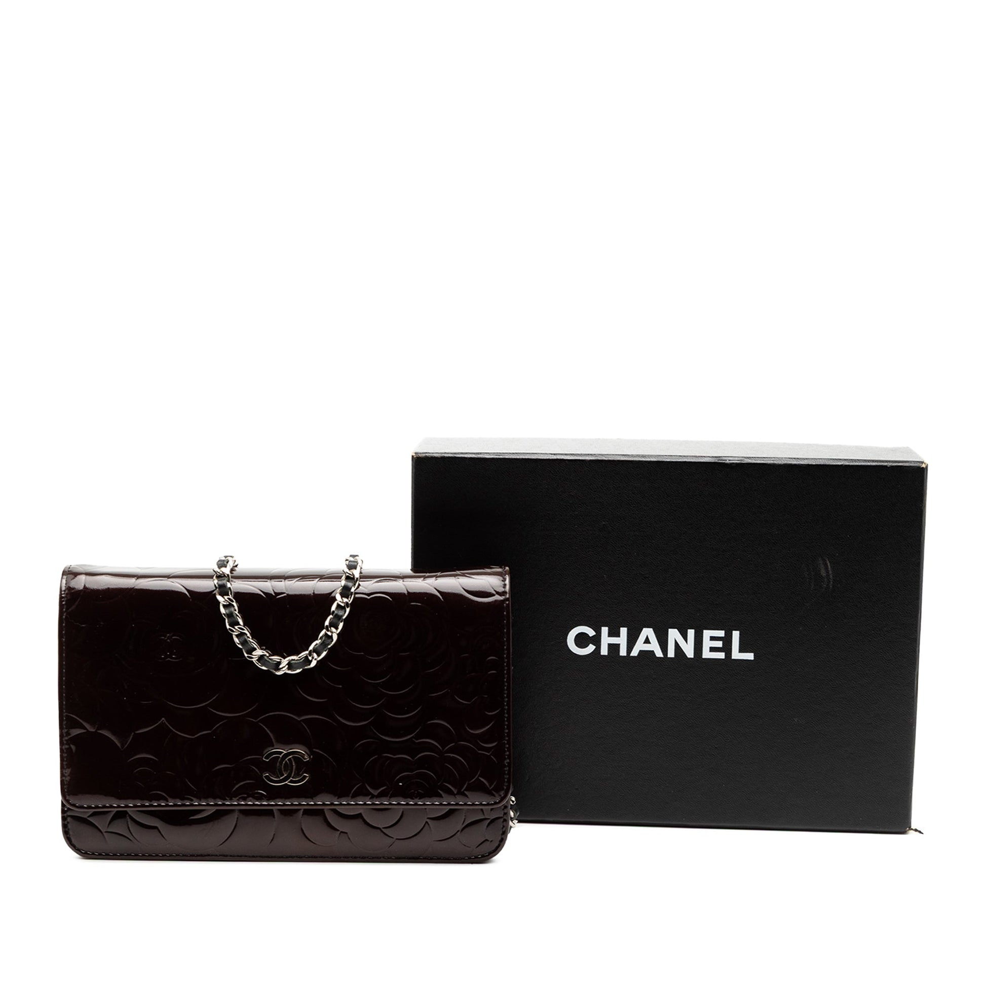 Chanel CC Embossed Patent Camellia Wallet On Chain