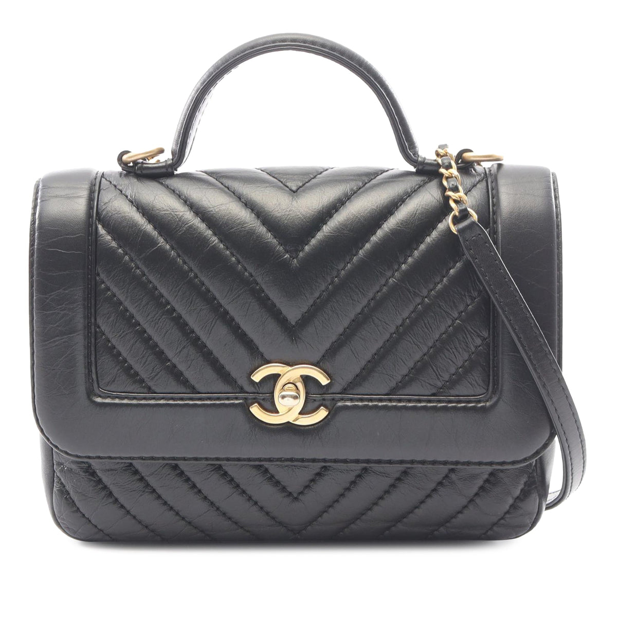 Chanel Quilted Chevron Calfskin Top Handle Flap
