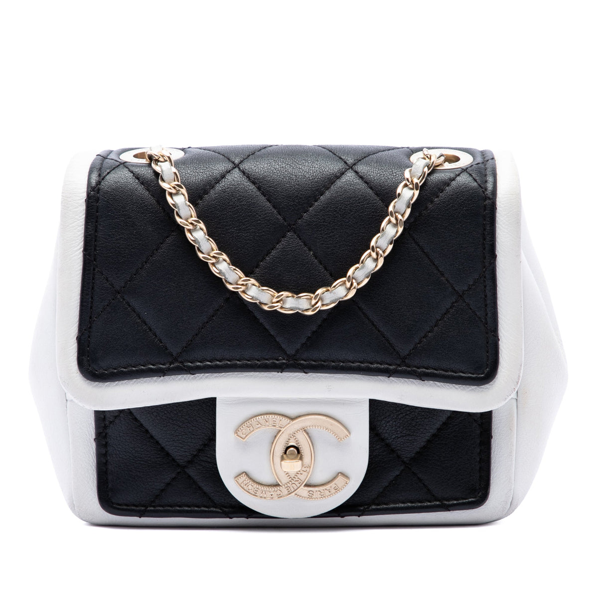 Chanel Mini Square Calfskin Graphic Flap Crossbody — Black