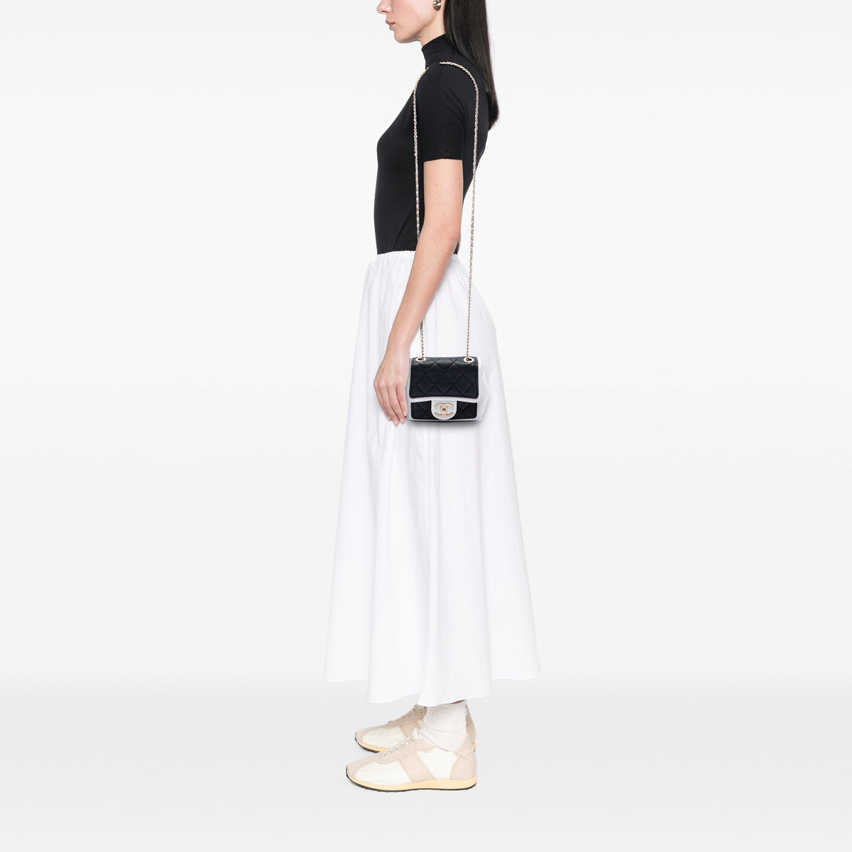 Chanel Mini Square Calfskin Graphic Flap Crossbody — Black