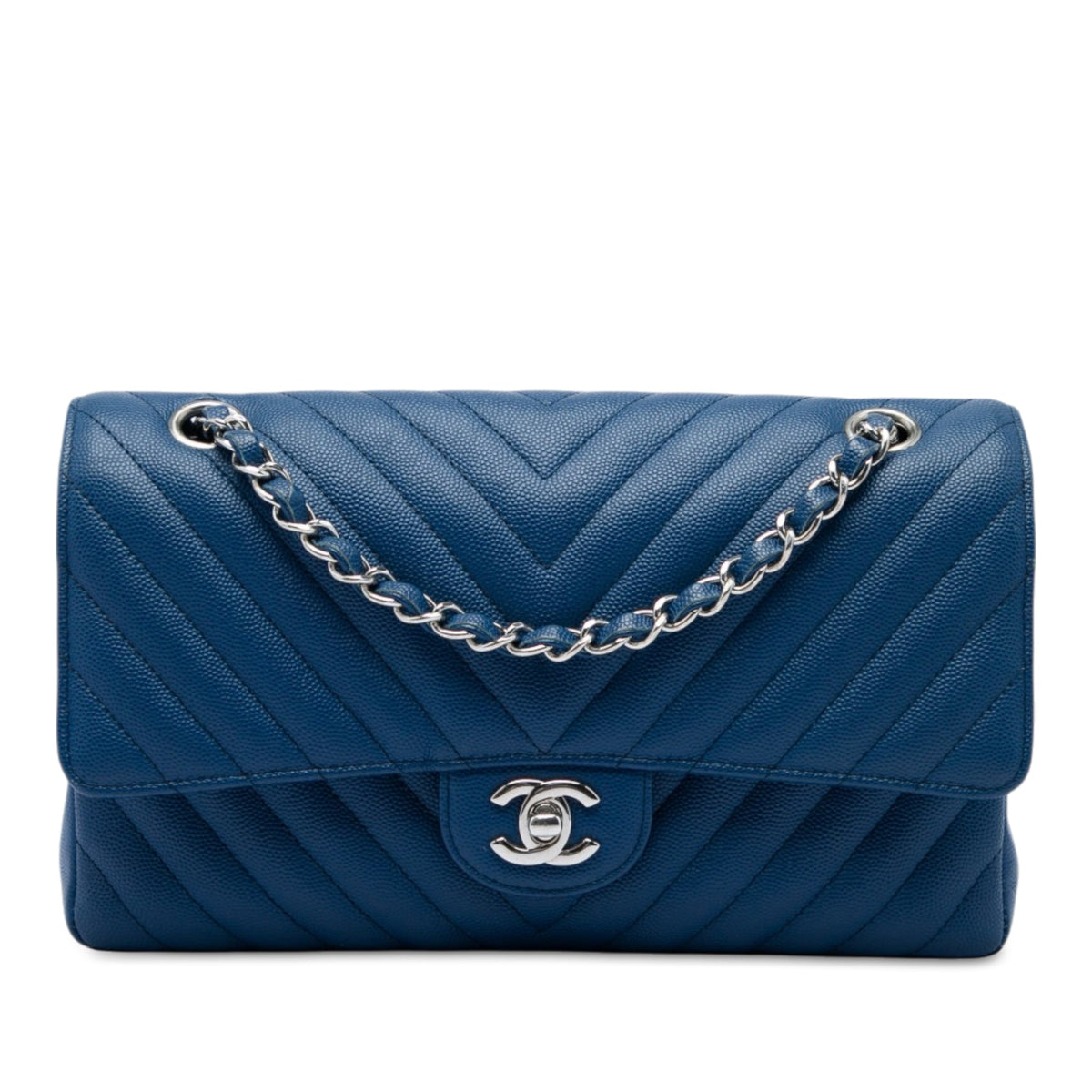 Chanel Medium Classic Chevron Caviar Double Flap — Blue