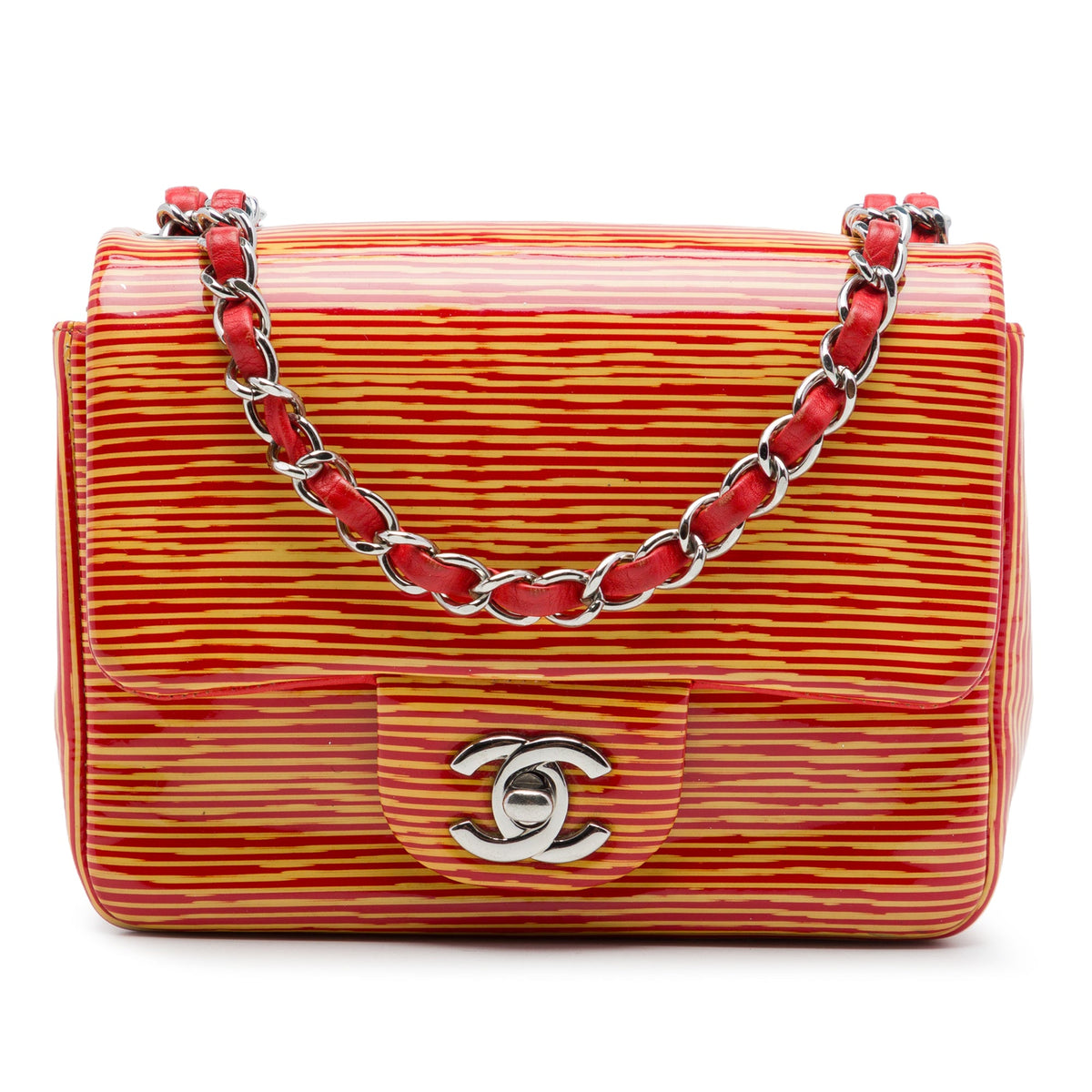 Chanel Mini Square Classic Patent Striped Single Flap — Orange