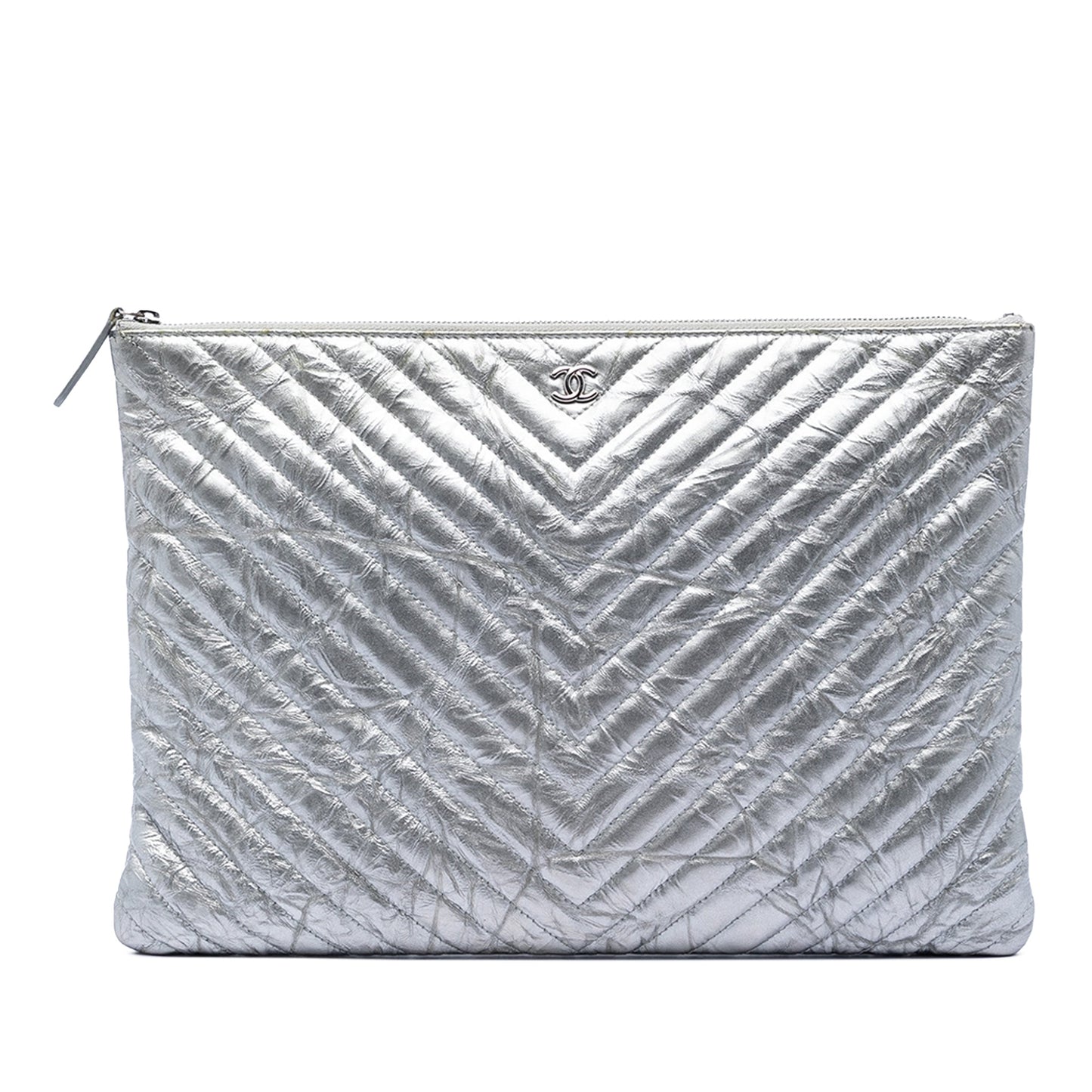 Large Chevron Metallic Aged Calfskin O Case Clutch