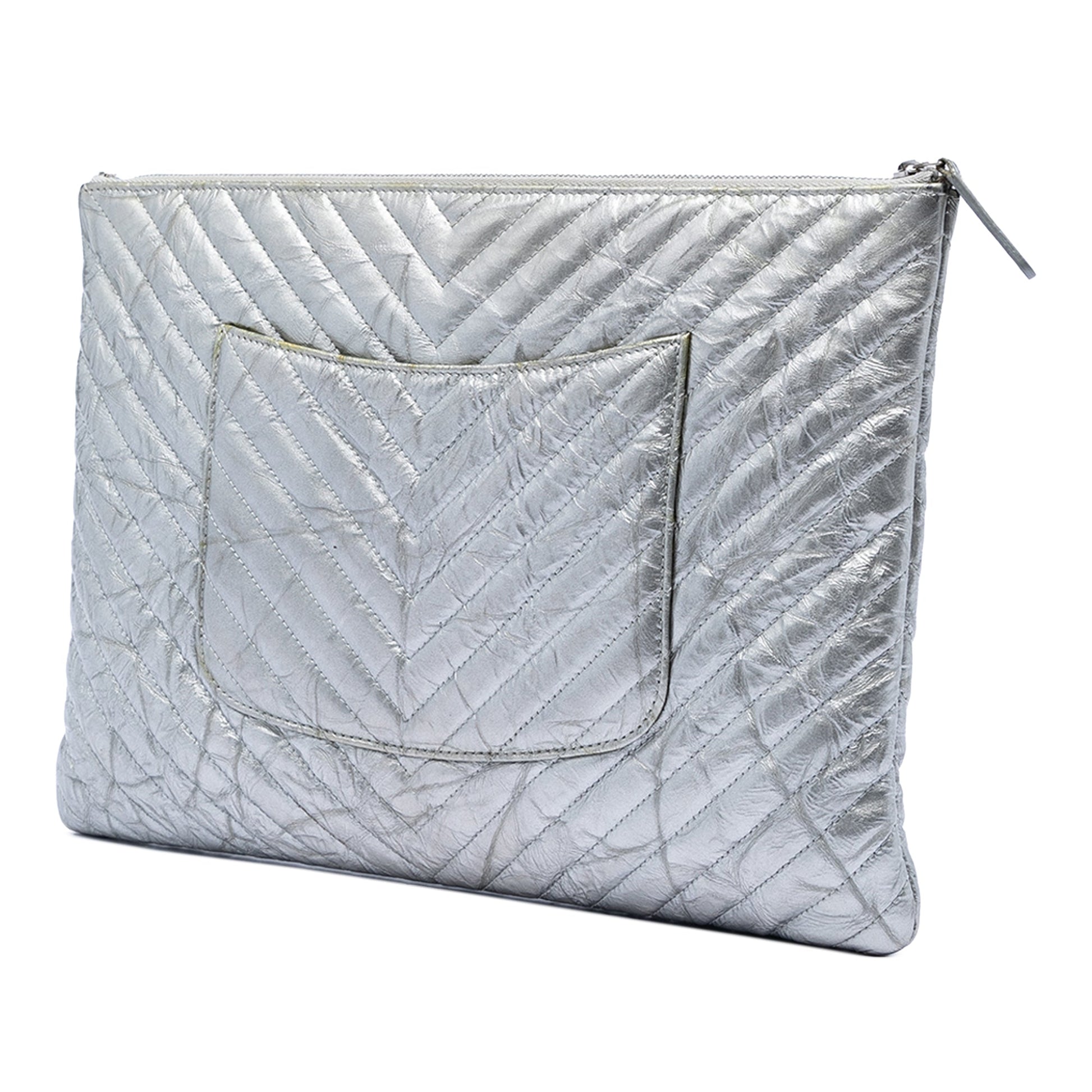 Large Chevron Metallic Aged Calfskin O Case Clutch