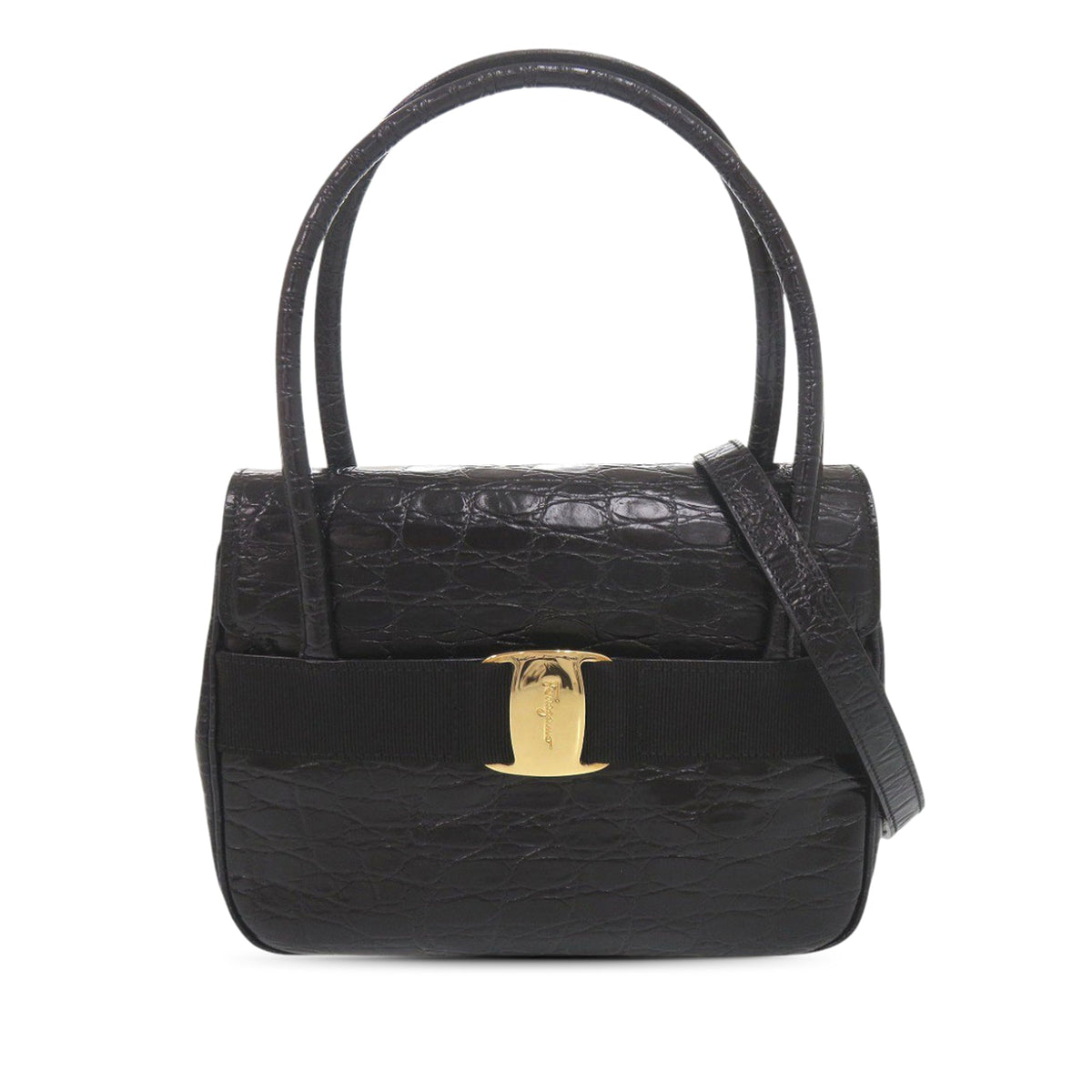 Ferragamo Croc Embossed Leather Vara Bow Satchel