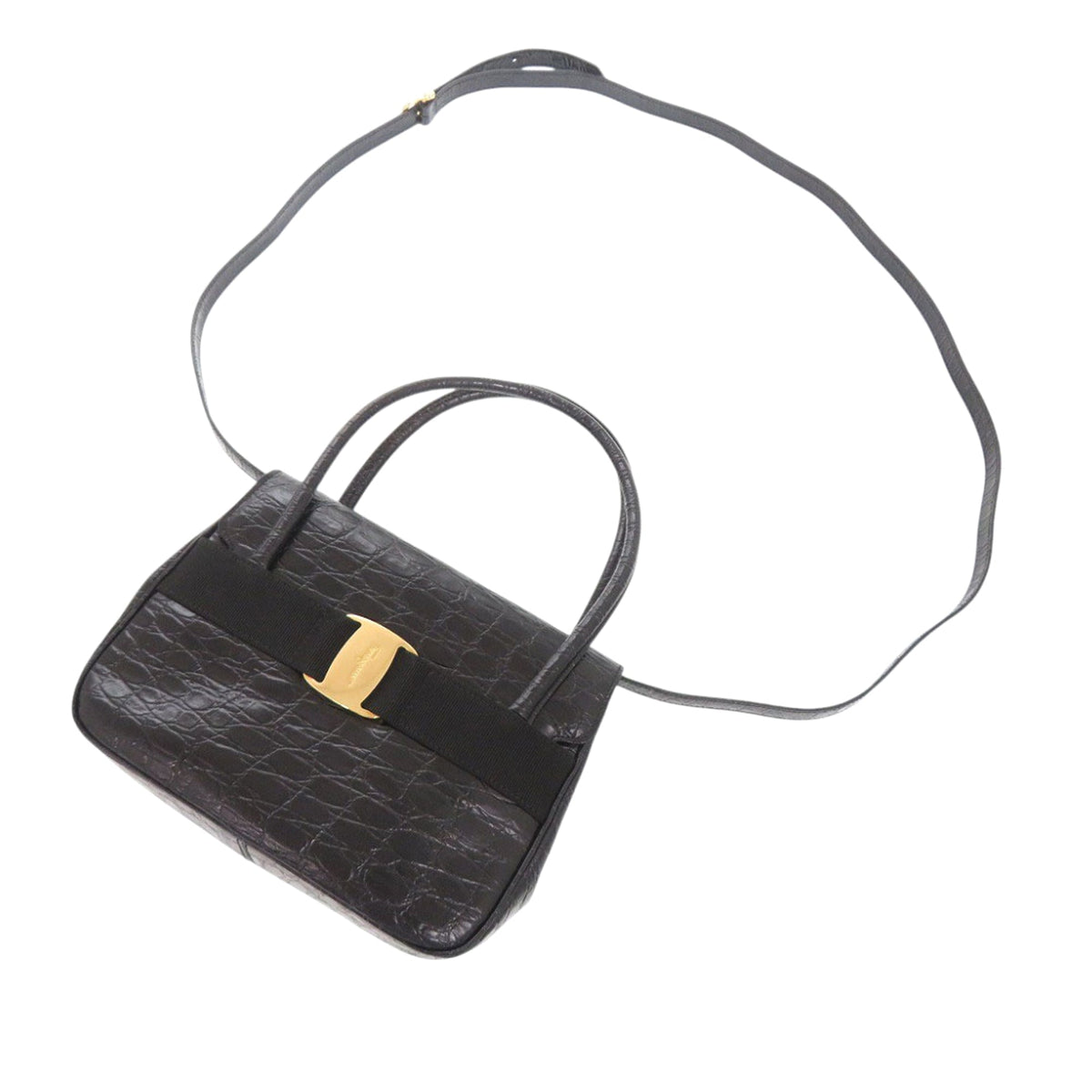 Ferragamo Croc Embossed Leather Vara Bow Satchel